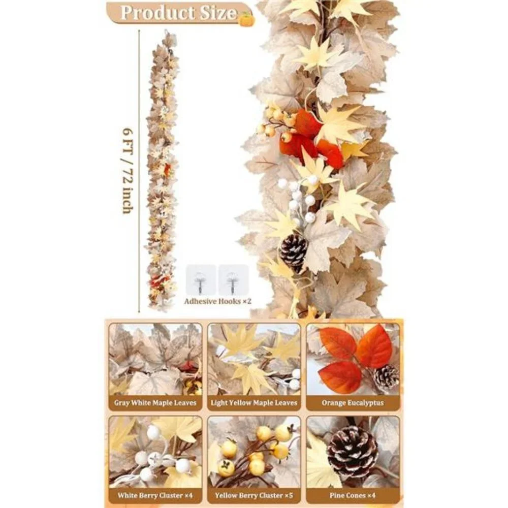 Timer - Fall Garland Fall Decorations for Home, 6Ft Pre-Lit Real Touch Maples